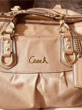 Coach Metallic Beige Pebbled Leather Satchel with Gold Hardware